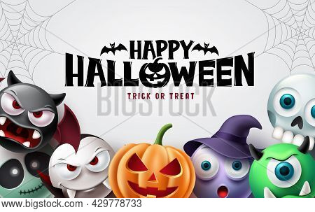 Happy Halloween Background Design. Halloween Trick Or Treat Text With Scary Pumpkin, Witch, Vampire 