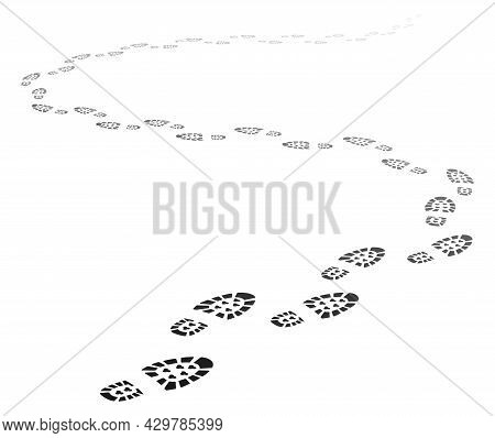 Footstep Path In Perspective, Walking Away Footprint Trail. Trace Of Human Foot Print Silhouettes, S