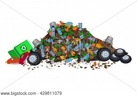 Pile Of Garbage Isolated On White Background. Big Dump With Of Trash And Rubbish. Waste Recycling. C