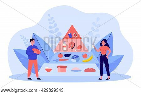 Cartoon People Standing Near Food Pyramid. Flat Vector Illustration. Maslow-style Food Pyramid With 