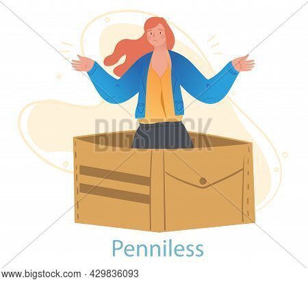 Unhappy Female Character Is Standing In An Empty Box With No Money Left On White Background. Young W