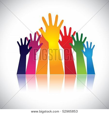 Colorful Abstract Hand Vectors Raised Together Showing Unity