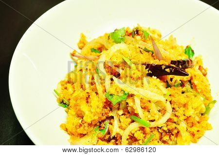 Spicy Salad Of Curried Rice Croquettes, Fermented Pork, Ginger And Peanuts (yam Naaem Khaao Thaawt)