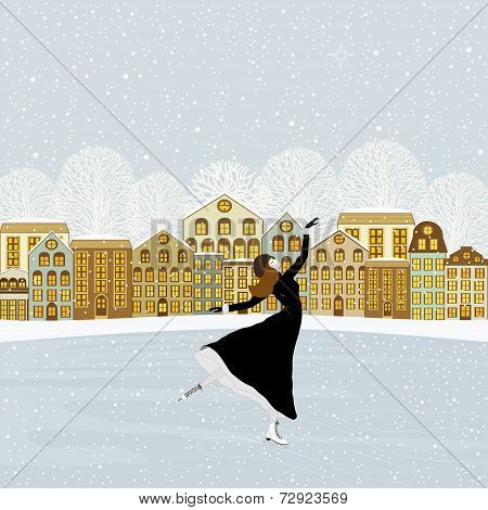 Girl Skating At The Rink In Front Of The Houses