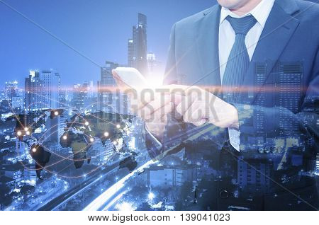 Double Exposure Of Professional Businessman Using Cloud Technology In Smart Phone With Servers Techn