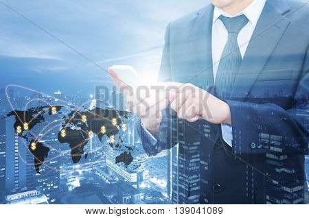 Double Exposure Of Businessman Touching With Smart Phone World Business Network Connection And City