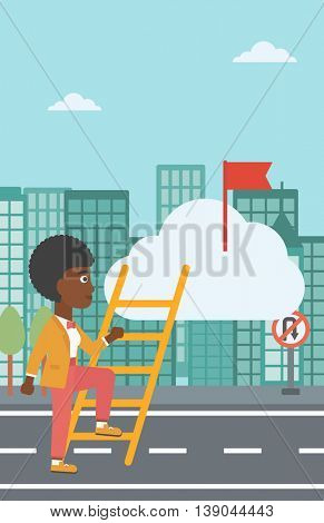 An african-american young business woman climbing up the ladder to get the red flag on the top of the cloud. Vector flat design illustration. Vertical layout.