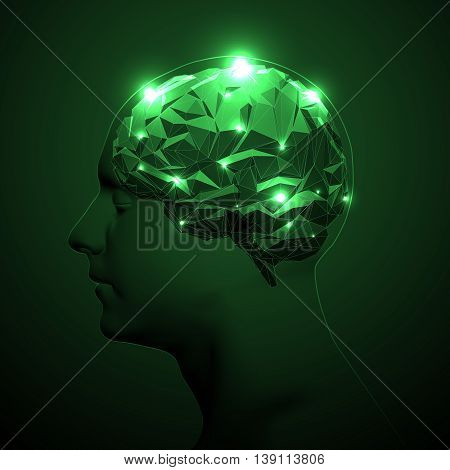 Triangular Polygons Human Brain. Human Brain Illustration. Low Poly human Brain. Abstract Symbol of Wisdom with Lights. Concept of the Active Human Brain. Vector Illustration