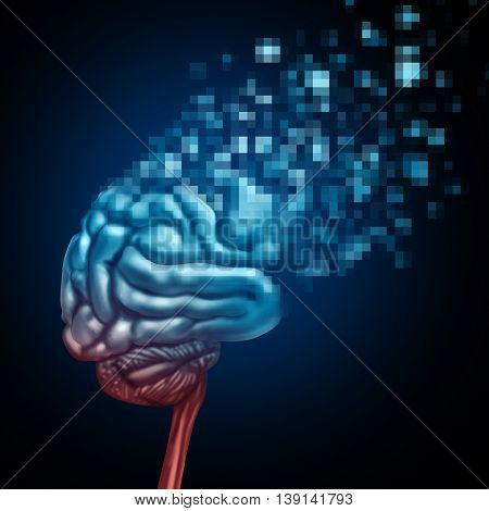 Digital brain and mind upload or uploading human thinking concept as a neurological organ being tranformed to digitalized pixels uploaded to virtual space or a cloud server as an artificial intelligence symbol or neuroscience technology in a 3D illustrati