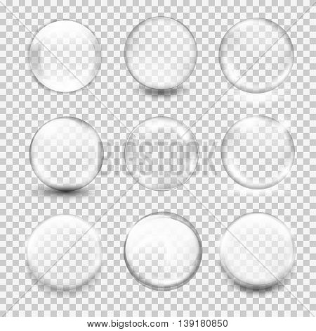 Set of transparent glass sphere with glares and highlights. White pearl, water soap bubble, shiny glossy orb. Vector illustration with transparencies, gradient and effects for your design and business