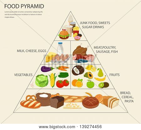 Food pyramid healthy eating infographic. Healthy lifestyle. Icons of products. Vector illustration