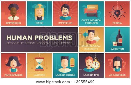 Set of modern vector flat design icons and pictograms of common human psychological problems. Crisis, impatience, depression, panic attacs, insecurity, phobia, addictions, aimlessness, laziness, energy, time lack