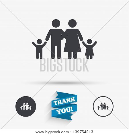 Family icon. Parents with children symbol. Family insurance. Flat icons. Buttons with icons. Thank you ribbon. Vector