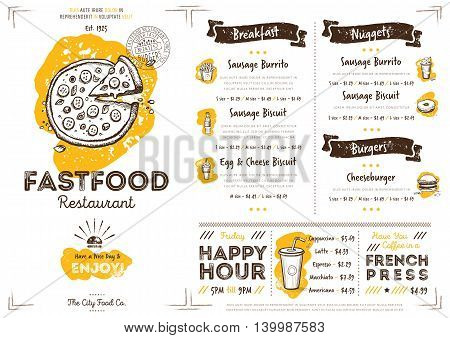 Pizza restaurant menu design. Fast food cafe menu. Food menu template. Pizza restaurant flyer vintage design vector illustration. Gourmet menu board. Fast food cafe flyer. Hand drawings fast food elements. Vintage menu. Menu card. Pizza.