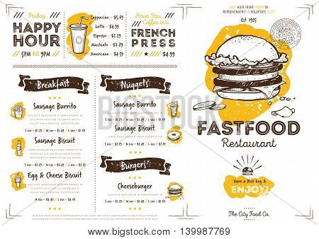 Restaurant menu design. Fast food cafe menu. Food menu template. Fast food restaurant flyer vintage design vector illustration. Gourmet menu board. Fast food cafe flyer. Hand drawings fast food elements. Vintage menu. Menu card.