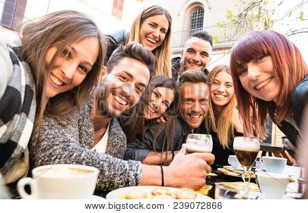 Friends Taking Selfie At Bar Restaurant Drinking Cappuccino And Irish Coffee - People Having Fun Tog