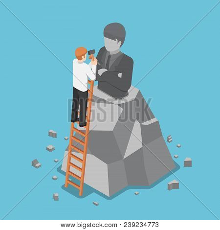 Flat 3d isometric businessman creating the model of his statue. Business leadership and ego concept.