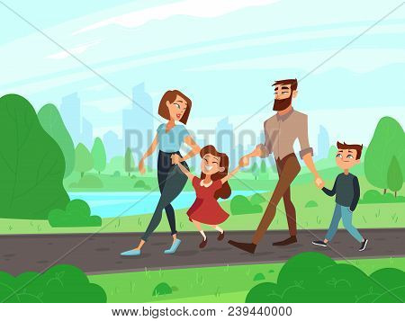 Happy Cartoon Father, Mother, Brother And Sister At Summer Park On Weekend. Young Couple With Kids W