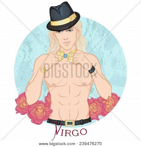 Zodiac. Vector Illustration Of The Astrological Sign Of Virgo As A Beautiful Man With A Naked Torso.