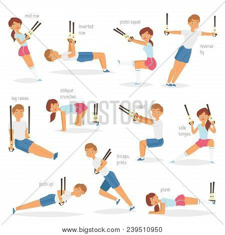 Fitness Trx Exercises Vector Sportsman Character Woman Or Man Exercising In Gym For Workout Or Sport