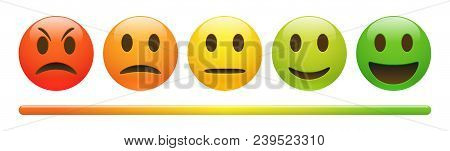 Vector emotion feedback scale on white background. Angry, sad, neutral and happy emoticon set. Glossy red, orange, yellow and green funny cartoon Emoji icon. 3D illustration