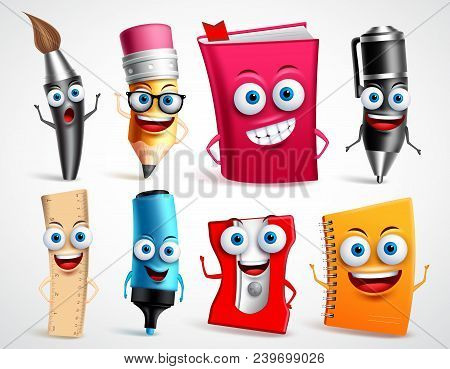 School Characters Vector Illustration Set. Education Items 3d Cartoon Mascots Like Pencil And Book F