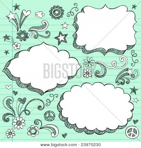 Sketchy 3-D Shaped Ornate Comic Book Style Speech Bubble Frames- Hand Drawn Notebook Doodles Design Elements on Lined Paper Background- Vector Illustration