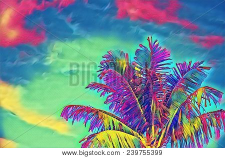 Neon Coco Palm Tree On Vivid Sky Digital Illustration. Psychedelic Tropical Vacation Banner Template