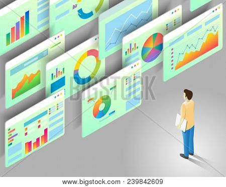 Data Analytics Concept. Vector Isometric Illustration Of Man Looking At Business Statistics Charts A