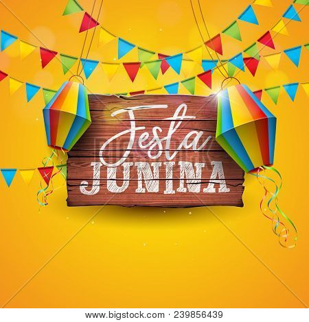 Festa Junina Illustration With Party Flags And Paper Lantern On Yellow Background. Vector Brazil Jun