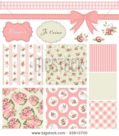 Vintage Rose Pattern, frames and cute seamless backgrounds. Ideal for printing onto fabric and paper or scrap booking.