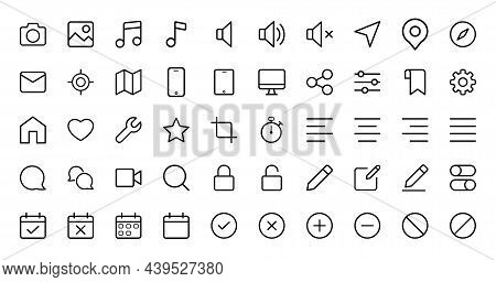 line icon pack. camera icon, gallery icon, music icon, sound icon, location icon, chat icon, mail icon, computer icon, home icon, heart icon, alignment icon, calendar icon, search icon, video icon. icon pack isolated on white background