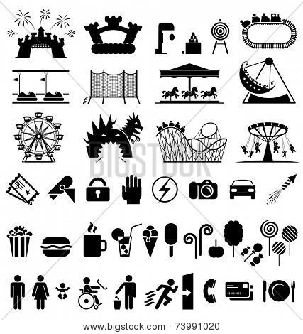 Amusement park icons. Icons set fun and entertainment. Pictogram icon set.