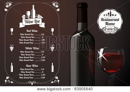 Menu template - for alcohol with realistic red bottle and glass. Vector