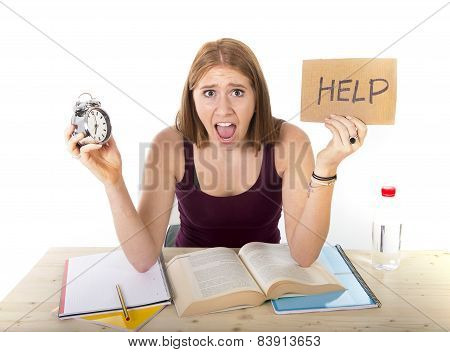 College Student Girl  In Stress Asking For Help Holding Alarm Clock Time Exam Concept