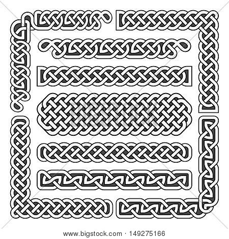 Celtic knots medieval seamless borders, patterns, and ornament corners. Vector pattern brushes set. Structure of scottish pattern illustration