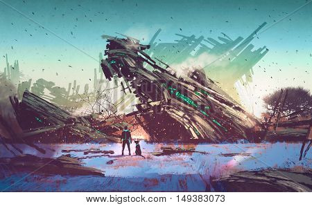 spaceship crashed on blue field, illustration painting