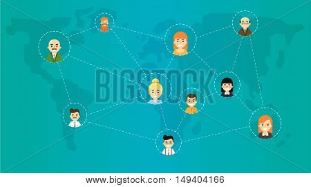 Social media network infographics with people and their social network. Community of social network people vector illustration. Social media people. Social networking concept. Social media and social network people connecting. Social network map.