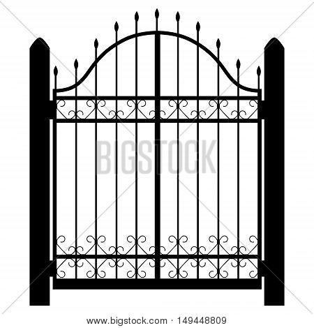 Vector illustration wrought iron modular railing and fence. Vintage gate with swirls. Fence silhouette isolated decorative shape. Architecture gate and fence objects