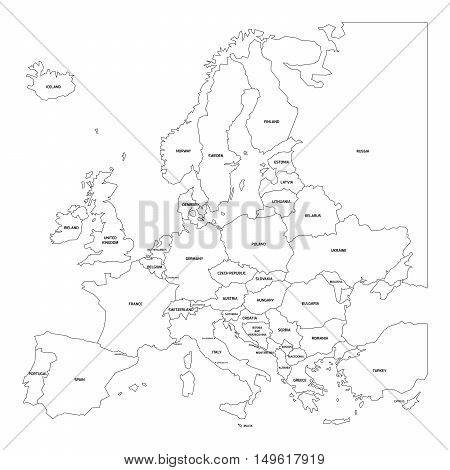 Vector outline map of Europe. Simplified vector map made of black state contous on white background with black Europe countries labels.