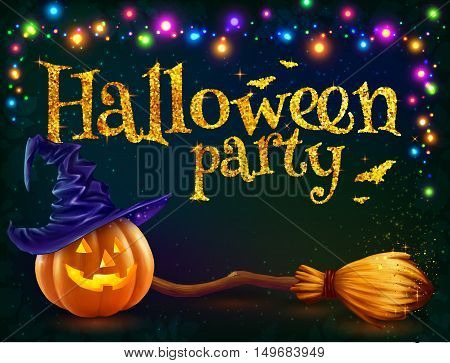 Halloween pumpkin and witchs broom on dark background with colorful lamps garland, vector Halloween party flyer template