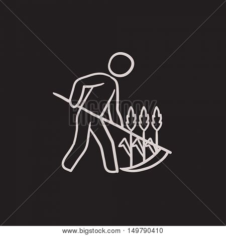 Man mowing grass with scythe vector sketch icon isolated on background. Hand drawn Man mowing grass with scythe icon. Man mowing grass with scythe sketch icon for infographic, website or app.