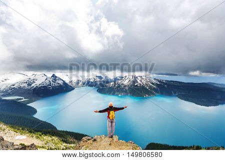 Hike to turquoise waters of picturesque Garibaldi Lake near Whistler, BC, Canada. Very popular hike destination in British Columbia.