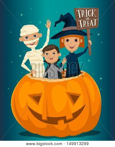 Halloween kids costumes mummies, vampire and witches are sitting in a pumpkin with sign Trick or Treat. Halloween pumpkin. Kids in Halloween festive design concept. Halloween concept. Beggars Night october holiday. All Hallows Evening. Halloween costume.