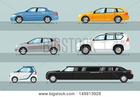 Different passenger cars. Sedan, universal, hatchback, off-road, SUV, mini, limousine car body types vector illustrations set. Different type of cars. For auto shops, salon ad, transport concepts. Rent a car concept. Detailed cars. Isolated cars.