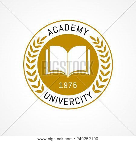 University Education Logo Design With Open Book And Laurel Branch. University Or College Is Golden W