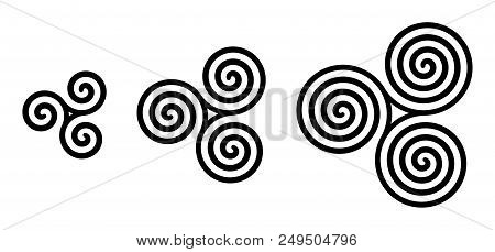 Black Celtic Triskelion Spirals Over White. Triple Spirals With Two, Three And Four Turns. Motifs Of