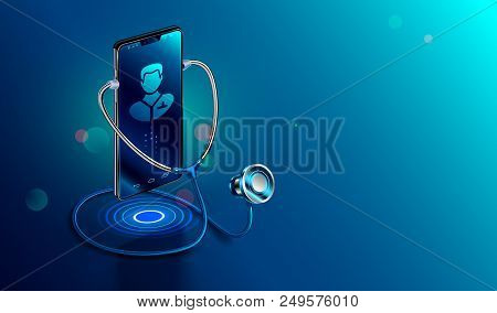 Doctor Online Concept. Icon Doctor Through The Phone Screen Using Stethoscope Checks Health. Online 