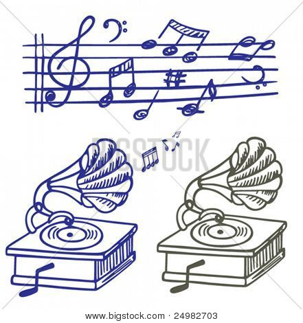 Doodle de la musique. Ensemble de musique note et gramophone doodle de vecteur.