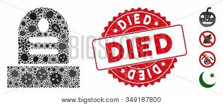 Infected Mosaic Grave Icon And Round Distressed Stamp Seal With Died Text. Mosaic Vector Is Composed